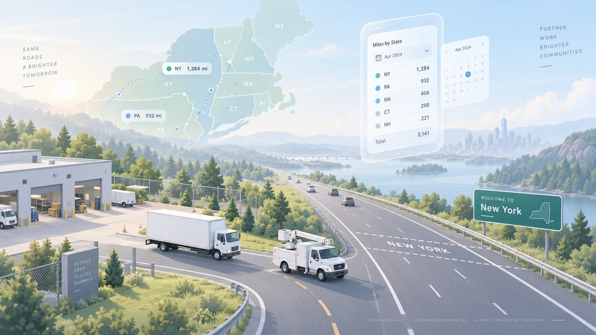 Service trucks crossing a state line, with a GPS report showing miles driven in each state