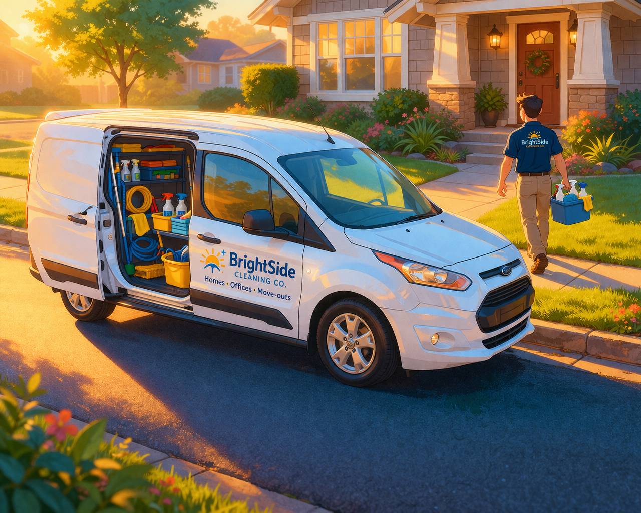 Cleaning service van with GPS tracker on dashboard parked at residential home