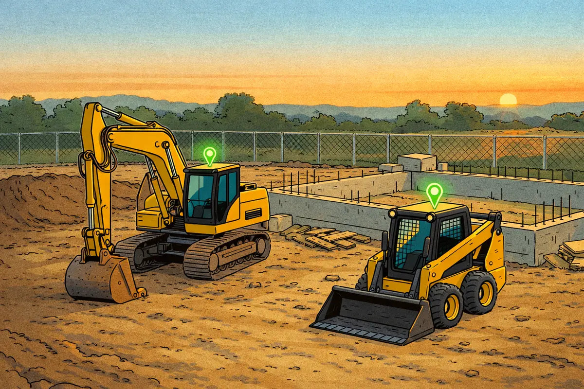 GPS tracker mounted on excavator bucket at remote construction job site