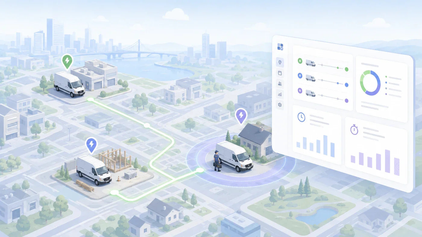GPS tracking for electricians — electrical service van fleet on a live route map with on-site time and overtime panel