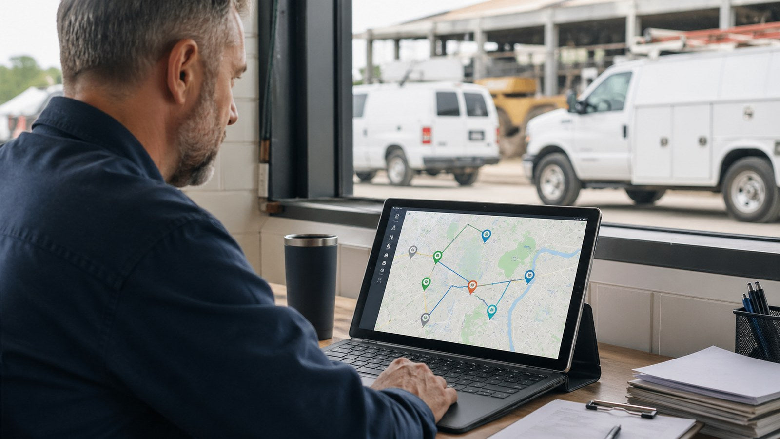 Fleet manager viewing GPS dashboard tracking service trucks across multiple job sites