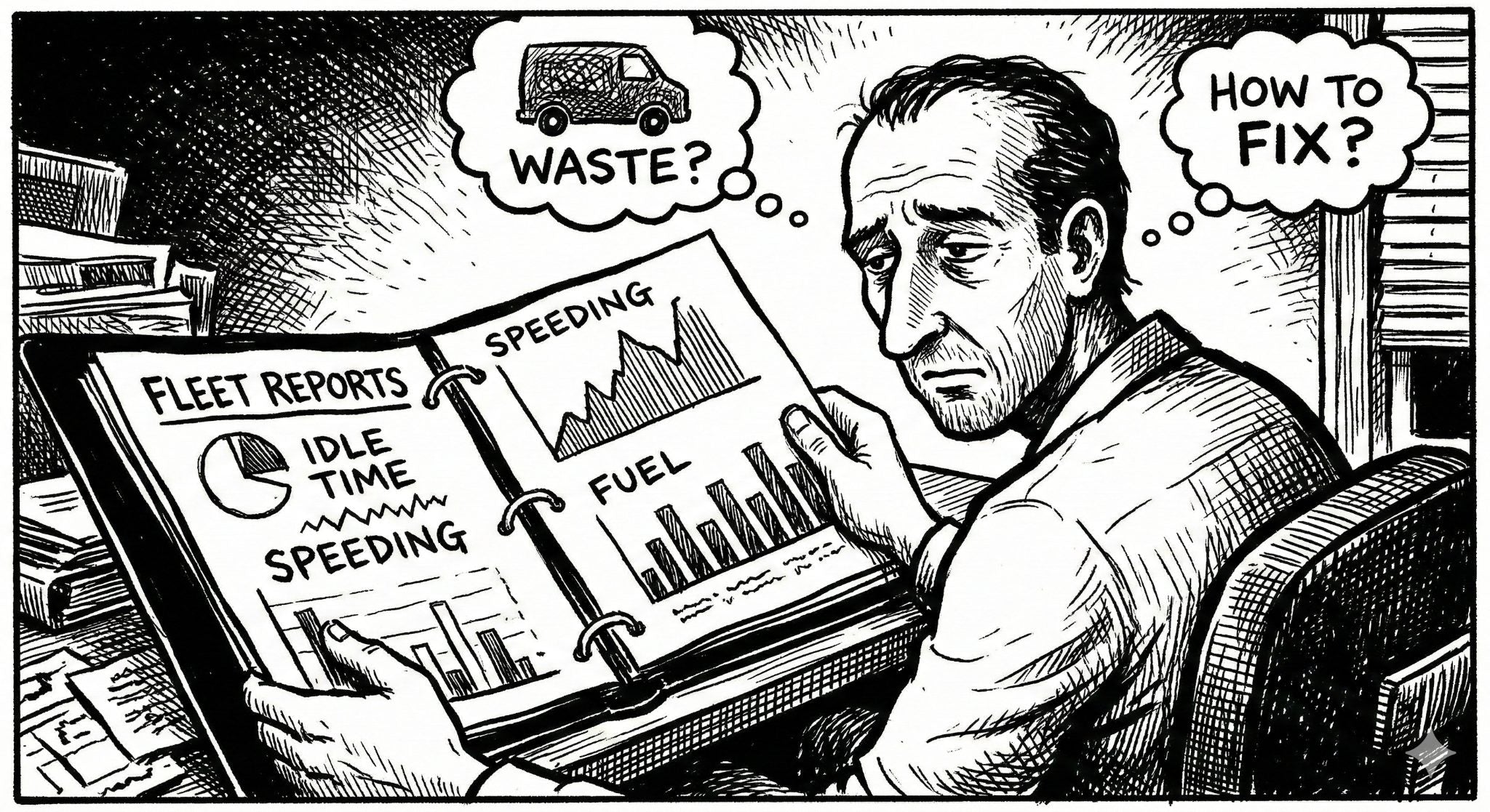 Service business owner reviewing weekly fleet tracking reports on a tablet at a desk