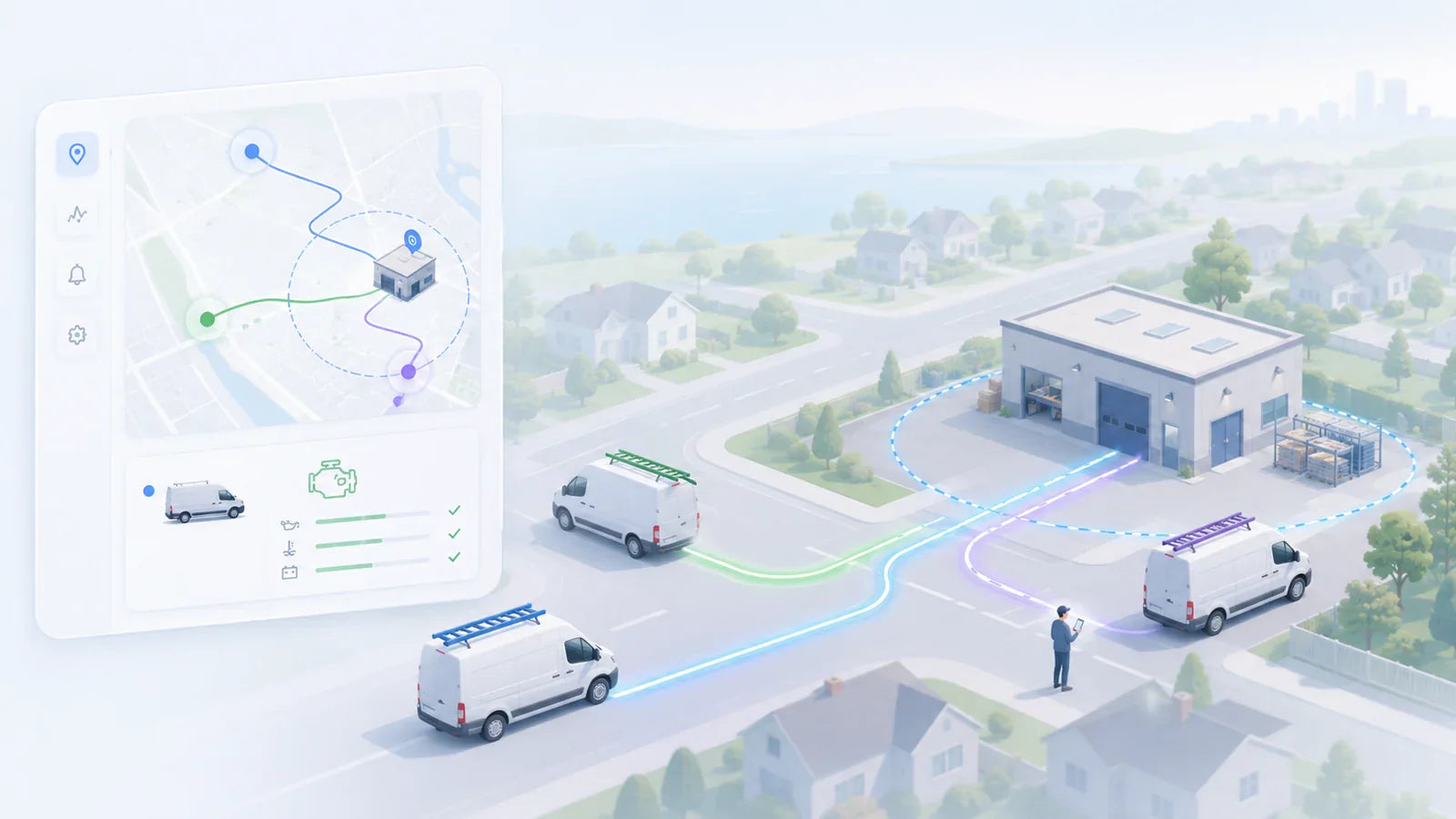 OBD GPS tracker for small business fleet — work vans on a job route with map and diagnostics panel