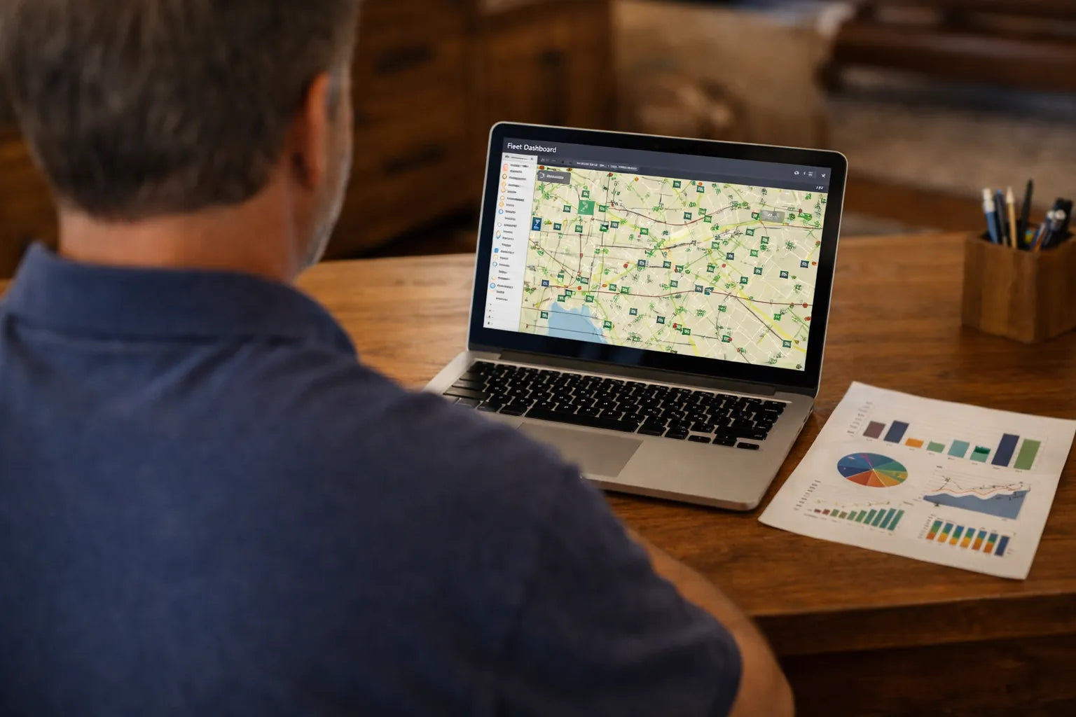 Fleet manager presenting GPS safety data report to insurance broker at desk