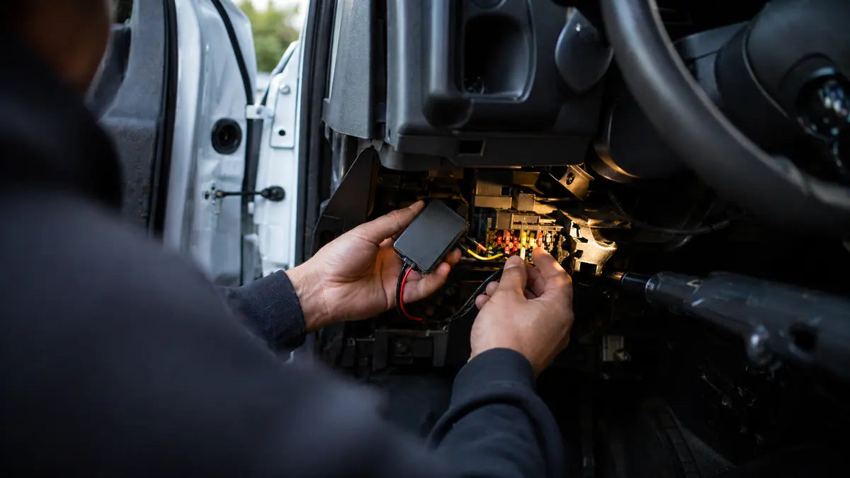 Mechanic installing hardwired GPS tracker behind work van dashboard with three-wire harness
