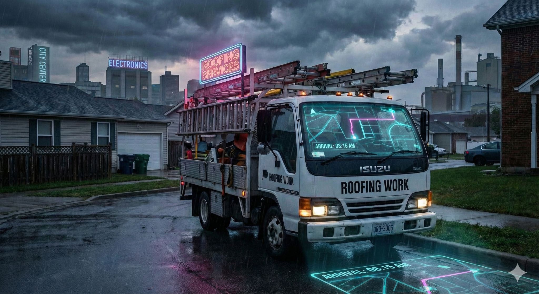 Roofing company fleet trucks at a job site with GPS tracking for crew arrival verification