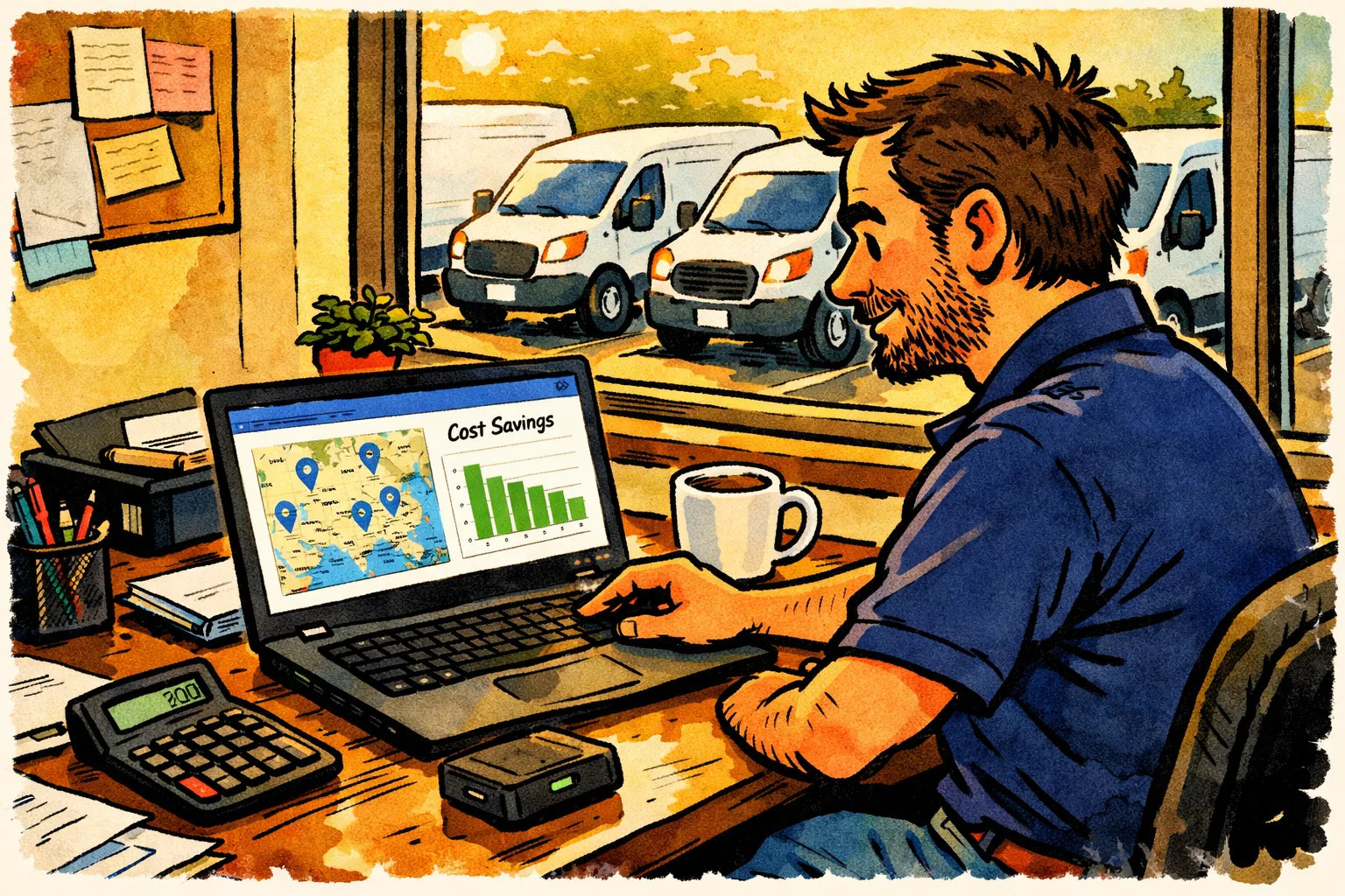 Small business owner calculating fleet GPS tracking ROI on laptop with service van in background