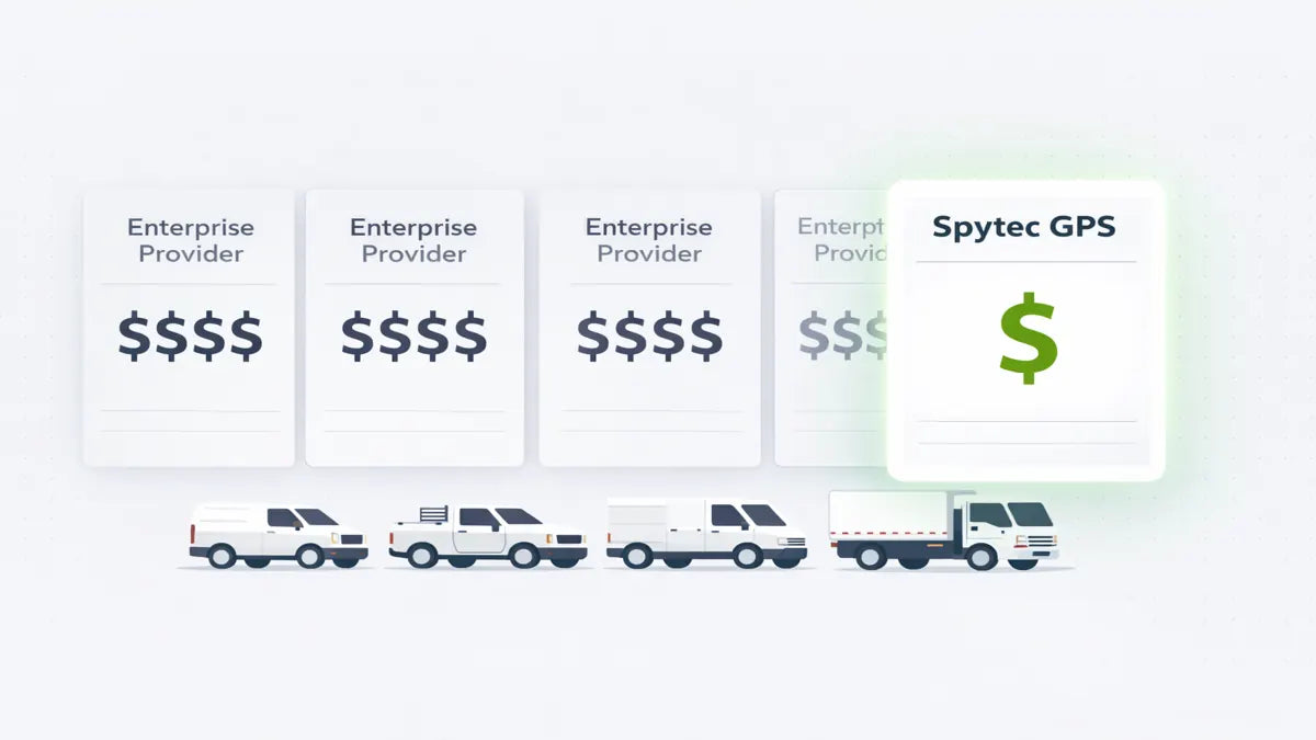 Side-by-side fleet GPS tracking pricing comparison chart for 2026 showing costs from Samsara, Motive, Verizon Connect, Azuga, and Spytec GPS