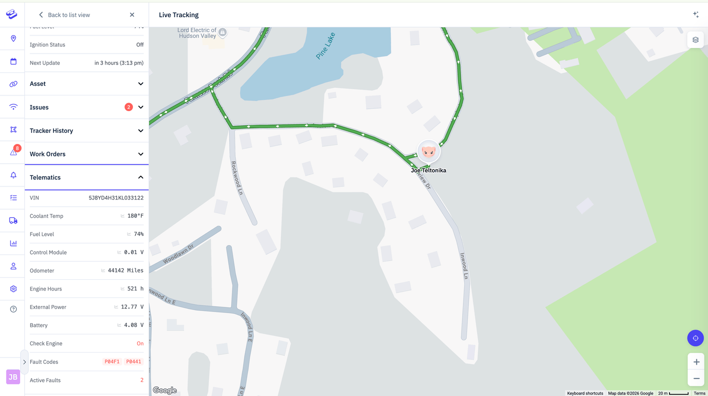 Vehicle health view showing fuel use, diagnostics, and maintenance status