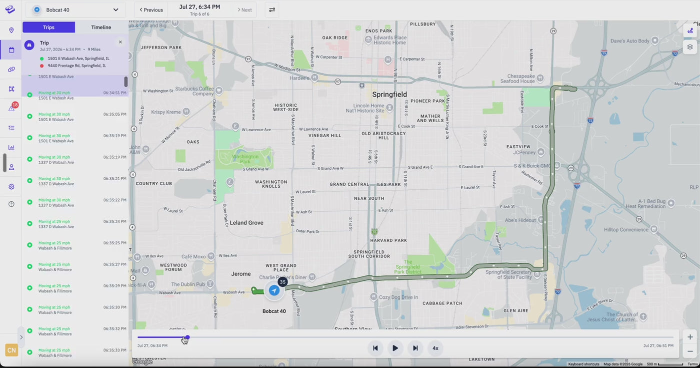Trip playback replaying a route in the Spytec app