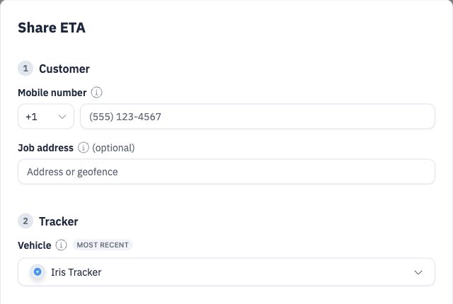 Share ETA form with customer mobile number, optional job address and vehicle selection