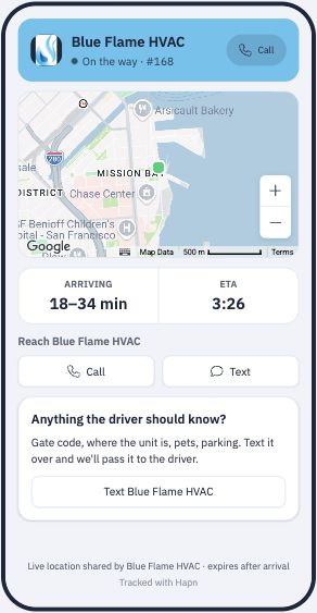 Hapn customer-page preview for Blue Flame HVAC showing logo, live map, ETA, and contact buttons