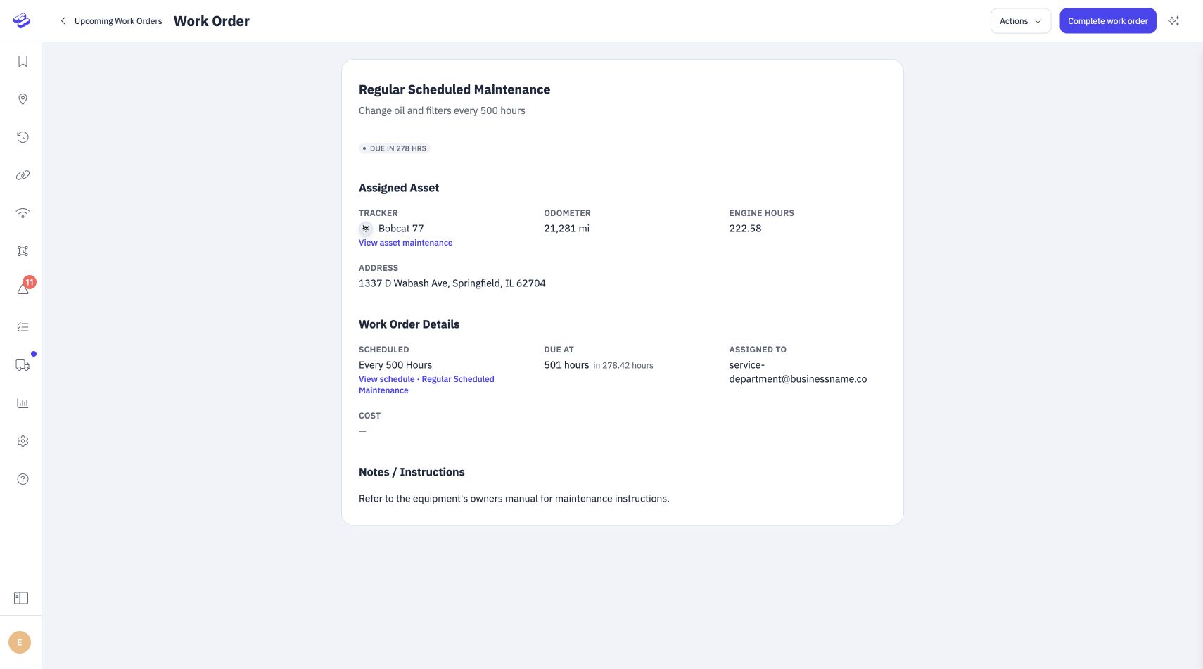 Hapn work order with service schedule, assigned asset, and cost field